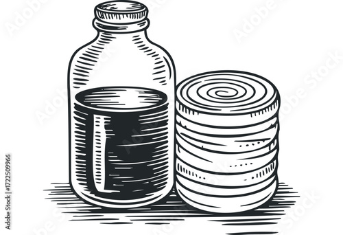 Line drawing of milk bottle and stacked coins. Vector hand drawn illustration