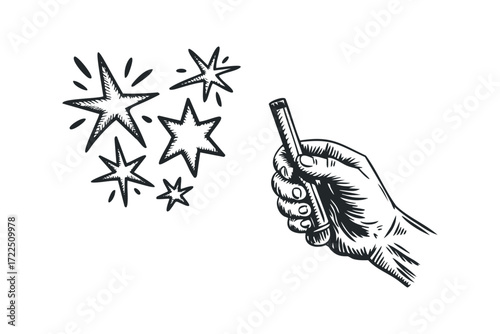 Hand holding sparkler creating starbursts. Vector hand drawn illustration