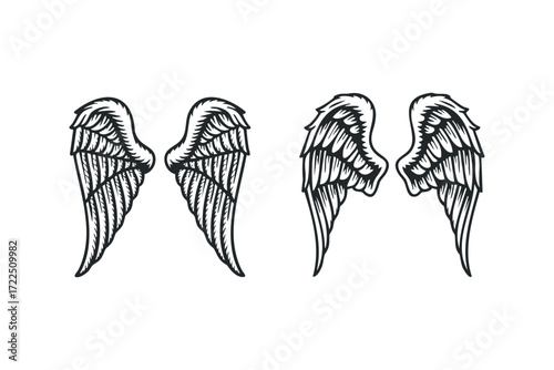 Pair of detailed angel wings graphic. Vector hand drawn illustration