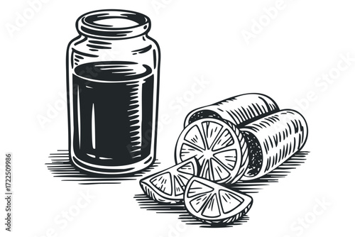 Glass vial filled with dark liquid and citrus slices. Vector hand drawn illustration