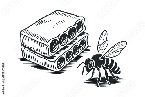 Bee and honeycomb in vintage linocut style. Vector hand drawn illustration