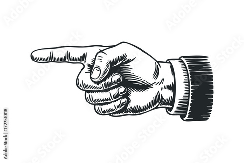 Fingertip and thumb pointing to the left with engraved texture. Vector hand drawn illustration