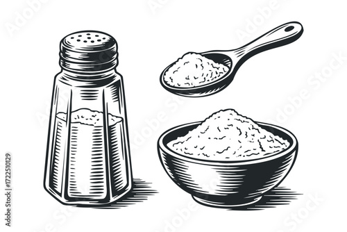 Salt shaker, bowl, and spoon with granulated salt. Vector hand drawn illustration