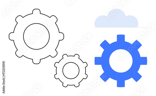 Three cogwheels in various sizes indicate collaboration and system processes, with a cloud hinting at connectivity. Ideal for teamwork, innovation, cloud computing, organization, collaboration