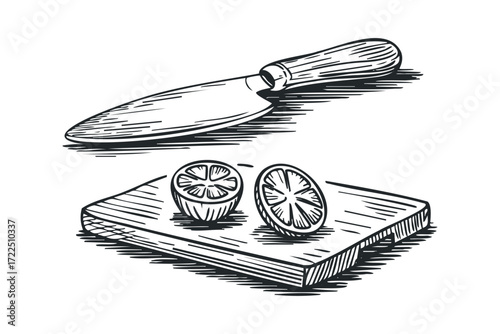 Hand-drawn knife and citrus fruit halves on a wooden board. Vector hand drawn illustration