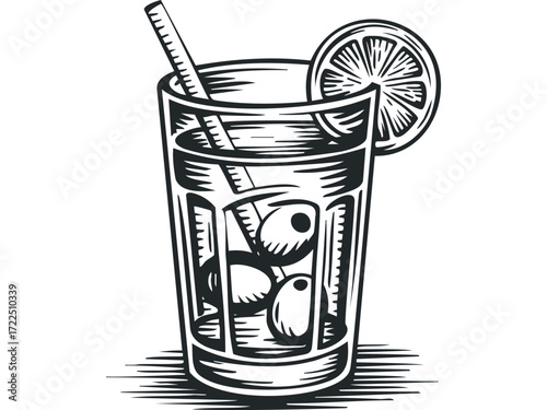 Glass of Cold Drink with Ice and Straw. Vector hand drawn illustration