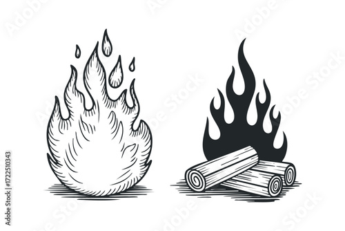 Two Black and White Line Drawing Styles of Flames. Vector hand drawn illustration