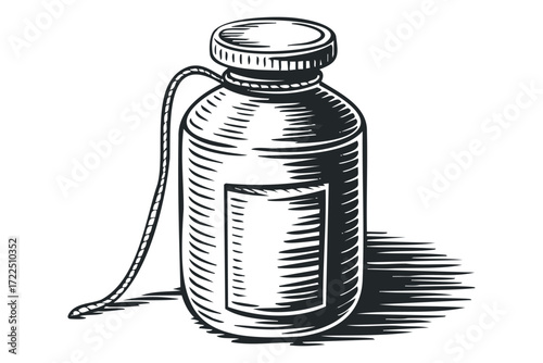 Ink drawing of a potion bottle with a stopper and cord. Vector hand drawn illustration