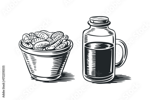 Basket of sausage and jar of dark liquid. Vector hand drawn illustration