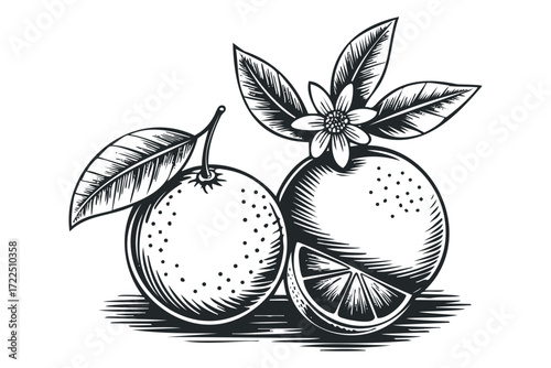 Stylized illustration of two oranges and a flower. Vector hand drawn illustration