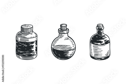 Hand drawn collection of three glass bottles. Vector hand drawn illustration