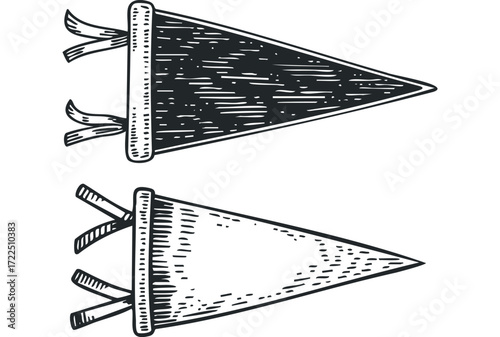 Hand drawn pennants with ribbons. Vector hand drawn illustration