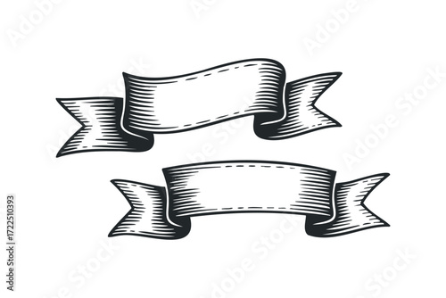 Two black and white ribbon scrolls with hatched shading. Vector hand drawn illustration