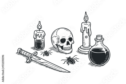 Macabre objects including skull, candles, potion, and knife. Vector hand drawn illustration