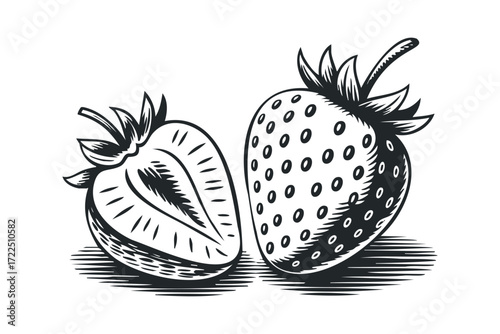 Line art of whole and halved strawberry fruit. Vector hand drawn illustration