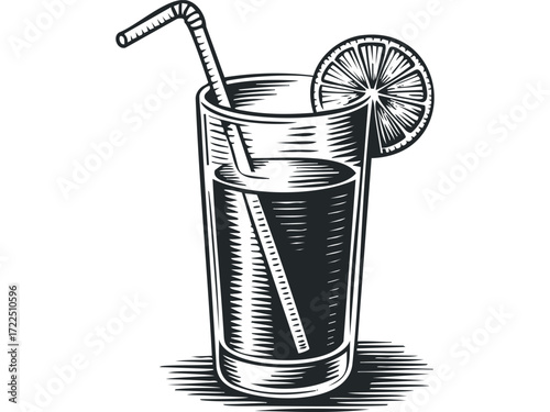 Tall glass with beverage and straw and citrus slice. Vector hand drawn illustration
