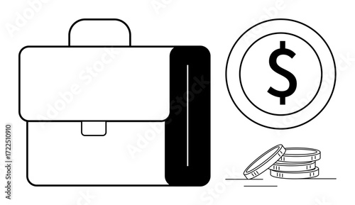 Briefcase next to a dollar coin and stacked coins depicting business, finance, savings, investment, profitability, management, and economic growth in a simple flat metaphor