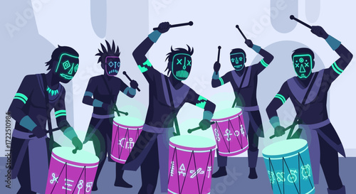 Energetic group of drummers performing with glowing drums and sticks.
