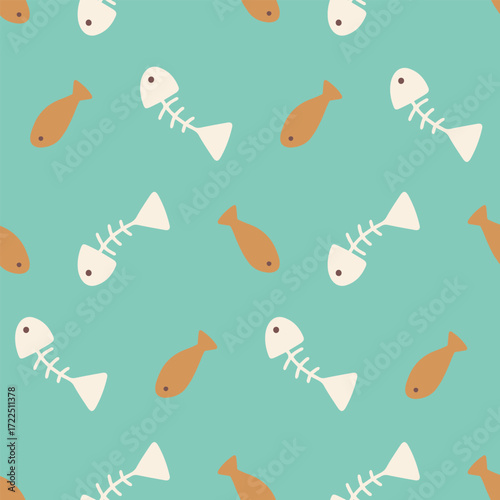 Playful turquoise seamless fish bone pattern