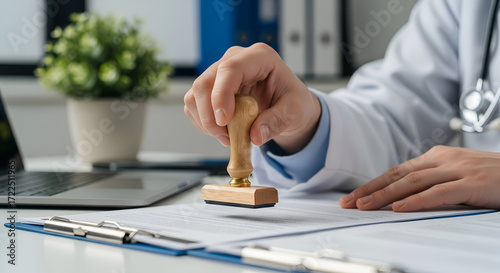 Doctor approves paperwork with official wooden stamp in modern office