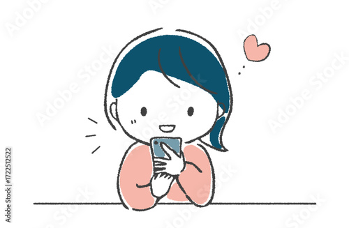 手描き　スマートフォンの画面を見て嬉しい表情をする女性