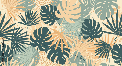 A pattern of various tropical leaves in muted green and beige.