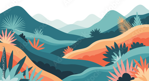 A vibrant and abstract landscape with rolling hills and stylized foliage.