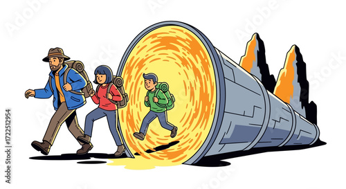 Family of adventurers entering a glowing portal.