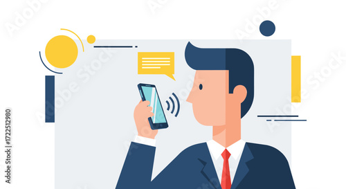 Man using voice assistant on smartphone vector illustration of person with mobile phone flat design for communication and technology concepts