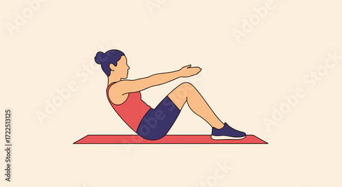 Woman doing boat pose exercise a vector illustration of abdominal workout isolated on plain background