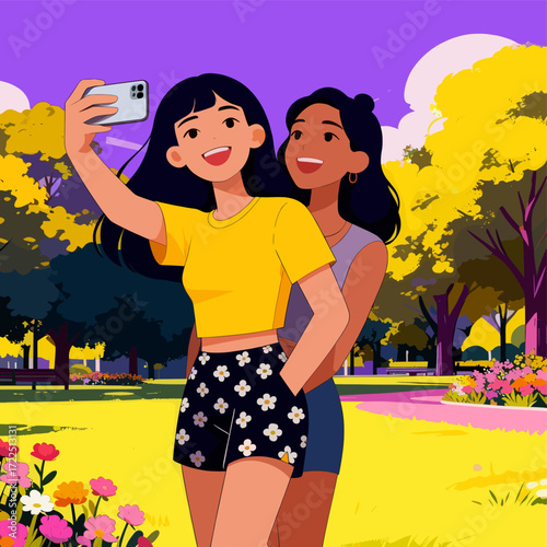 Two young women taking a selfie in a park enjoying a sunny day vector illustration for social media or lifestyle content