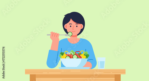 Person eating healthy salad bowl vegetables healthy food diet plan Vector illustration flat design Isolated on white background