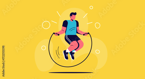 Man jumping rope fitness exercise workout Vector illustration Flat design Yellow background