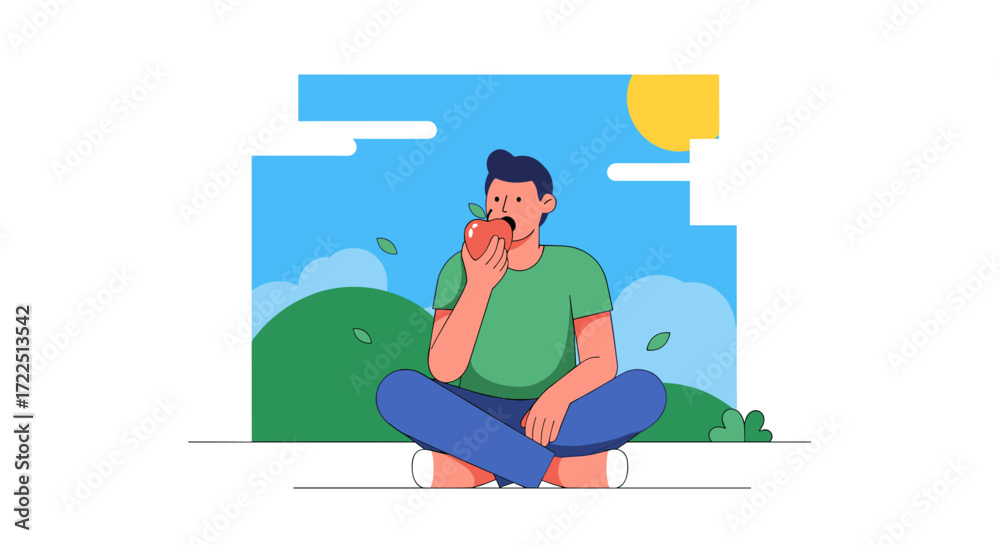 Obraz premium Man eating red apple healthy food illustration Vector graphic design Flat style illustration Isolated on white background