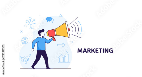 Man with megaphone Marketing announcement Modern line art style Vector illustration White background