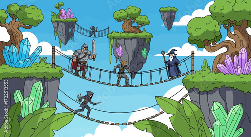 Fantasy characters crossing rope bridges between floating islands.