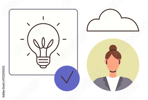 Light bulb representing idea, avatar of woman symbolizing user or professional, cloud for innovation or digital concept, and checkmark for confirmation. Ideal for brainstorming, collaboration