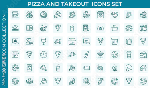 Pizza and takeout line icon set. Fast food vector icon line set. Burger sandwich pizza hot dog cola coffee sweets.Thin outline icons pack. Vector illustration