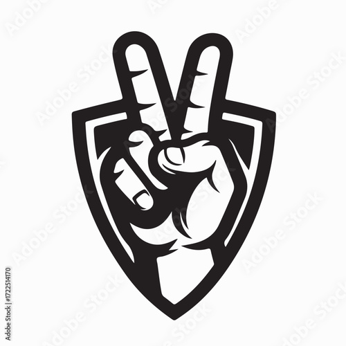 Modern Peace Hand Symbol Logo Vector Inside Protective Shield Design