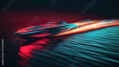 Futuristic speedboat racing on dark water with vibrant neon lights.