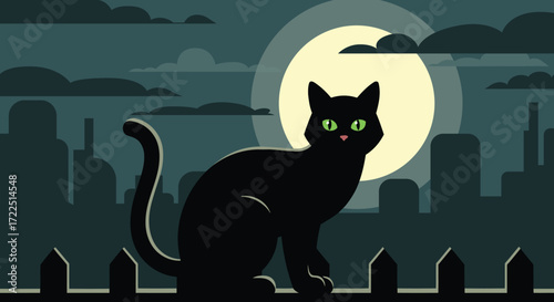 Black cat on fence under full moon city skyline