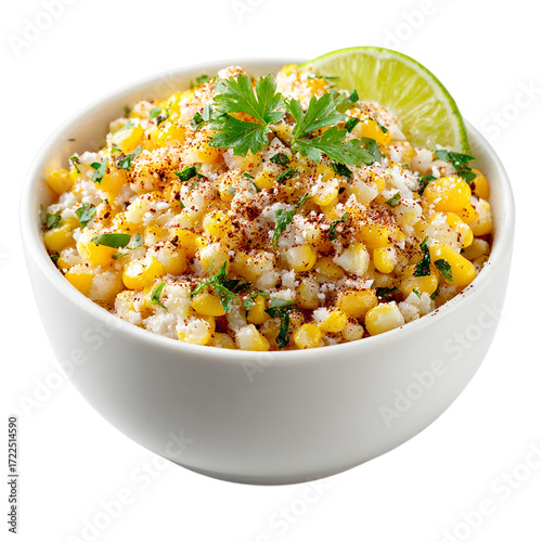Single on white bowl of esquites on transpart background