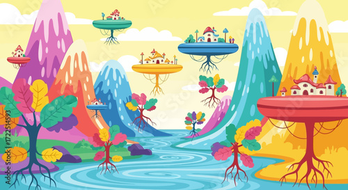 Fantasy landscape with floating islands and colorful mountains.