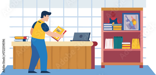 Man sitting in an office surrounded by books, with shelves filled with various titles in the background.
