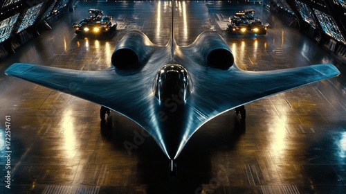 Futuristic stealth jet aircraft inside a hangar.