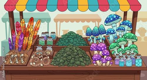 Fantasy market stall with colorful mushrooms and magical ingredients.