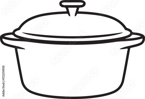 Minimalist Black Line Drawing of Cast Iron Dutch Oven with Lid and Handles Isolated on White
