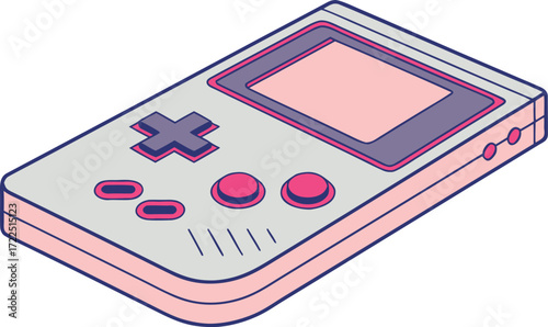 Illustration of a Game Boy on a white background, showcasing its classic design and iconic buttons.