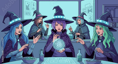 Five witches gathered around a glowing crystal ball in a mystical setting.
