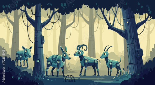 Four stylized goats with unique markings in a whimsical forest setting.